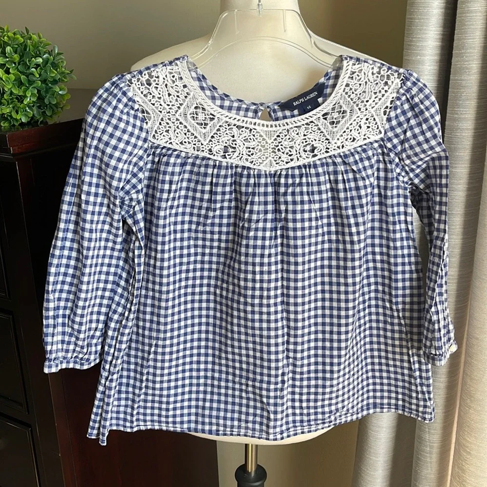 Ralph Lauren girls plaid, knitted 3/4 sleeve top size 14